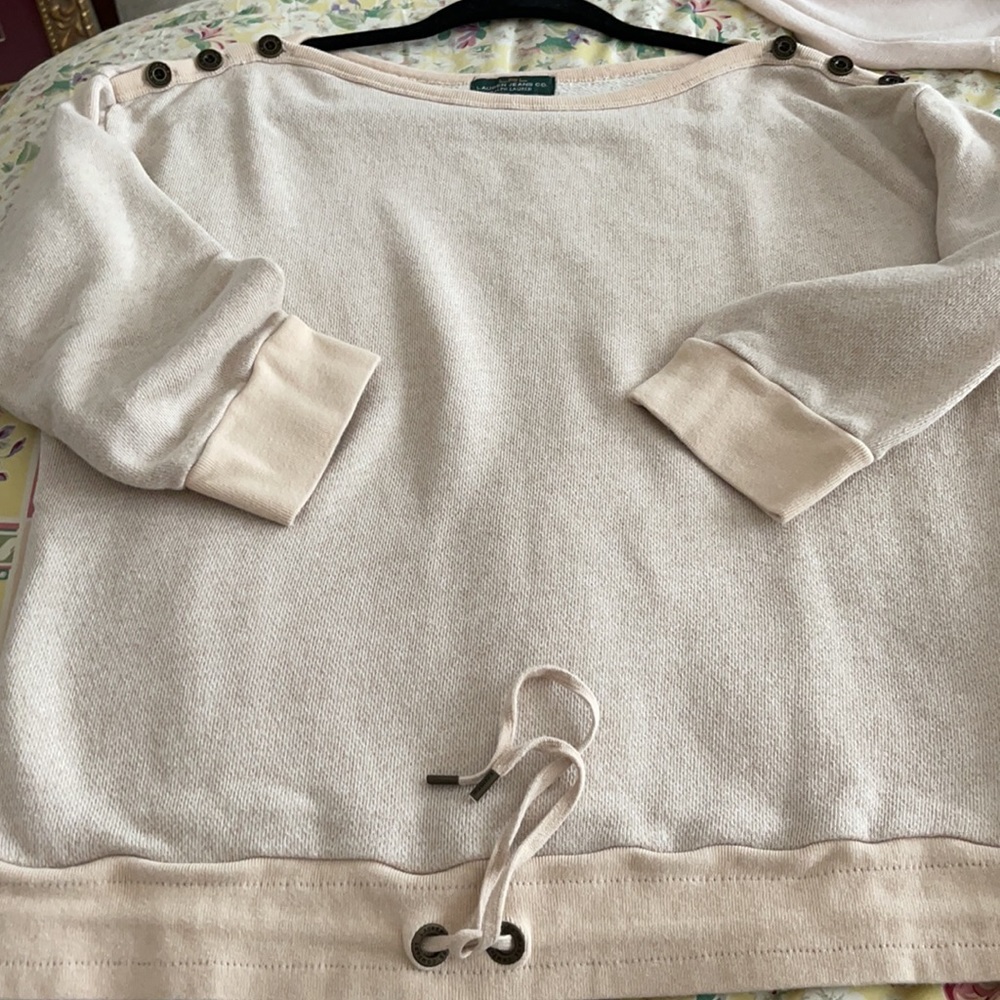 Ralph Lauren Beige French Terry Sweatshirt LRL Shoulder Buttons Drawstring Hem - Picture 4 of 13